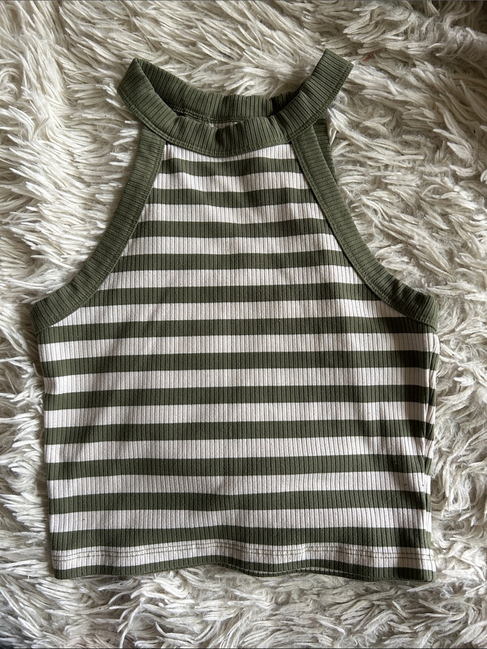 American Eagle Outfitters Olive Green and White Striped Ribbed Halter Crop Top